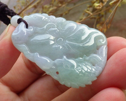 Certified Green Pale Lavender Burma 100% Natural A Jade jadeite Pendant Fish Lotus Leaf Necklace 年年有余 575361 TN