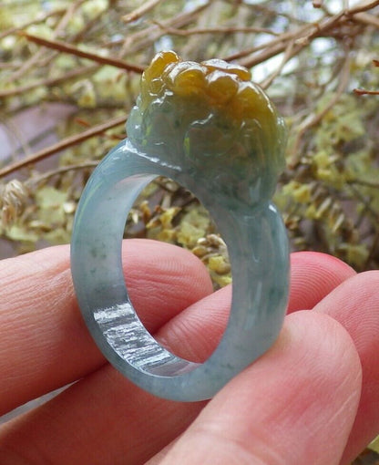 Certified Icy Yellow Green 100% Natural A JADE Jadeite Dragon Pi Xiu RING USA. 9 戒指 523749  TN