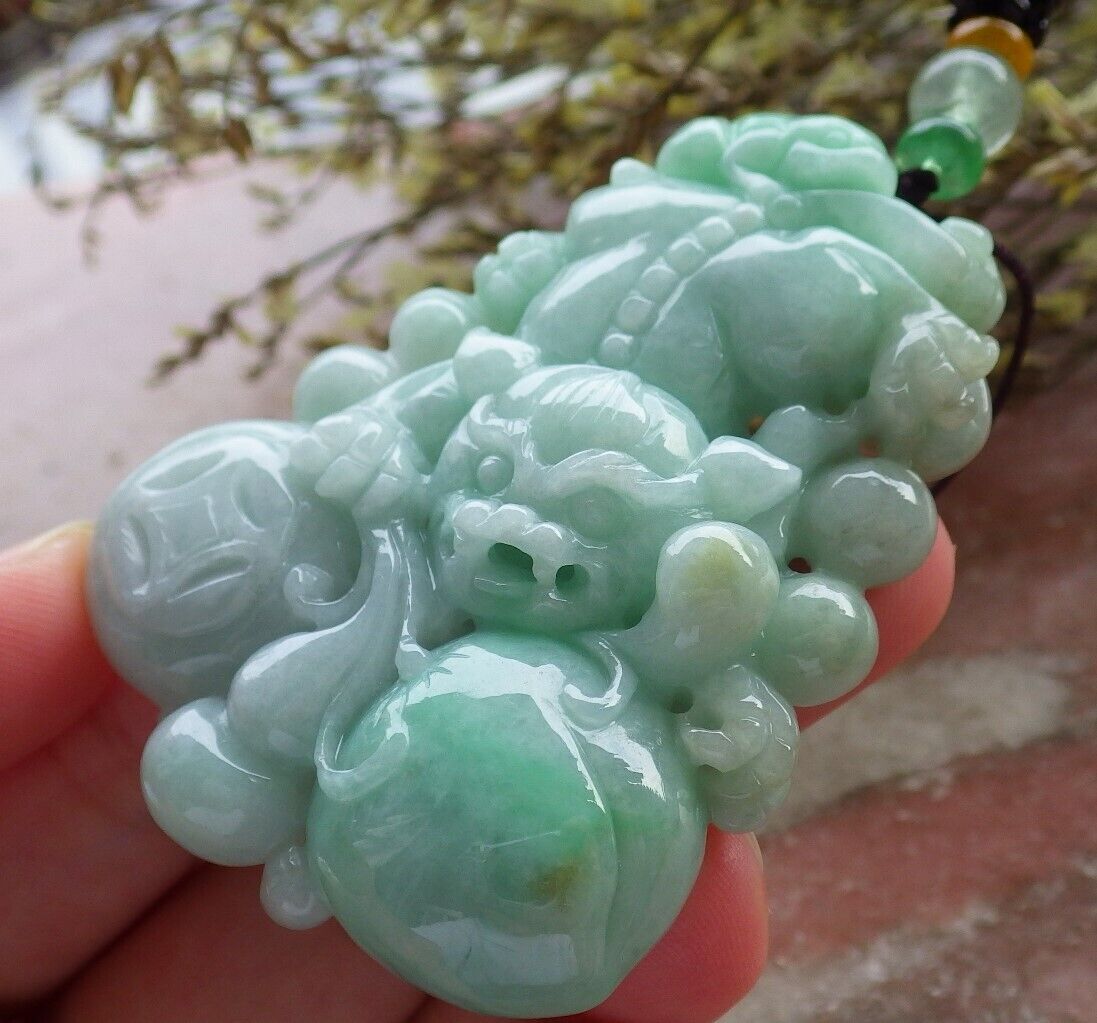 Certified Green 100% Natural A Jade jadeite Pendant Dragon Pi Xiu Frog Toad Peach Coin Necklace 风水貔貅 574019 TN