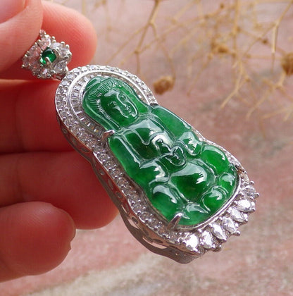 Sterling Silver 925 Certified Icy Green Burma 100% Natural A JADE Jadeite pendant Guanyin Kwan Yin Lotus Flower Necklace 观音 636112  TN