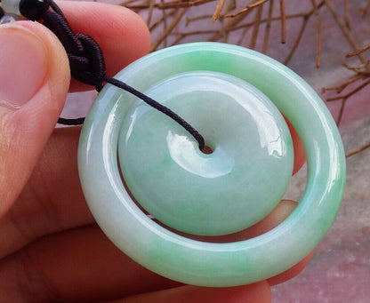 Certified Green 100% Natural A Jade jadeite Pendant Circle Donut Necklace 母子平安扣 528770  TN