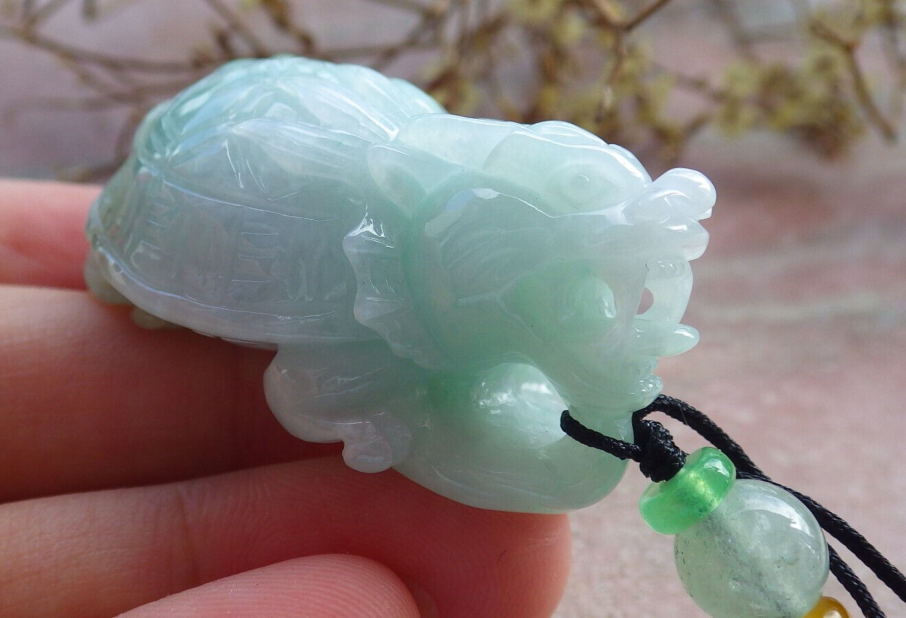 Certified Green Burma 100% Natural A Jade jadeite Pendant Dragon Turtle Snake Coin Necklace 龙龟 632936  TN