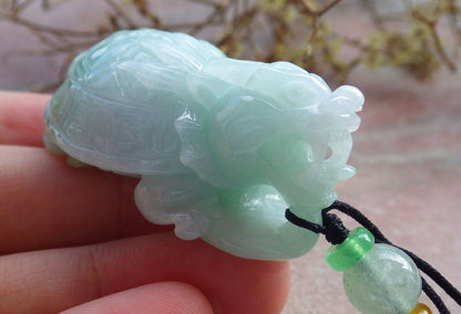 Certified Green Burma 100% Natural A Jade jadeite Pendant Dragon Turtle Snake Coin Necklace 龙龟 632936  TN