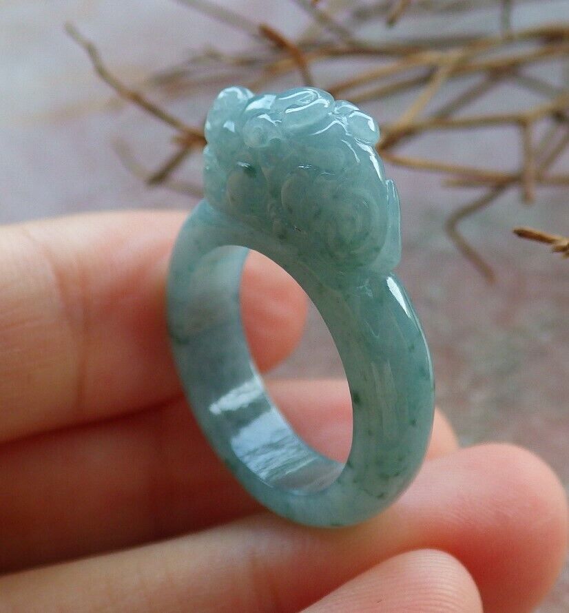 Certified Icy Green 100% Natural A JADE Jadeite Dragon Pi Xiu RING USA. 6.5 风水貔貅戒指 530062  TN