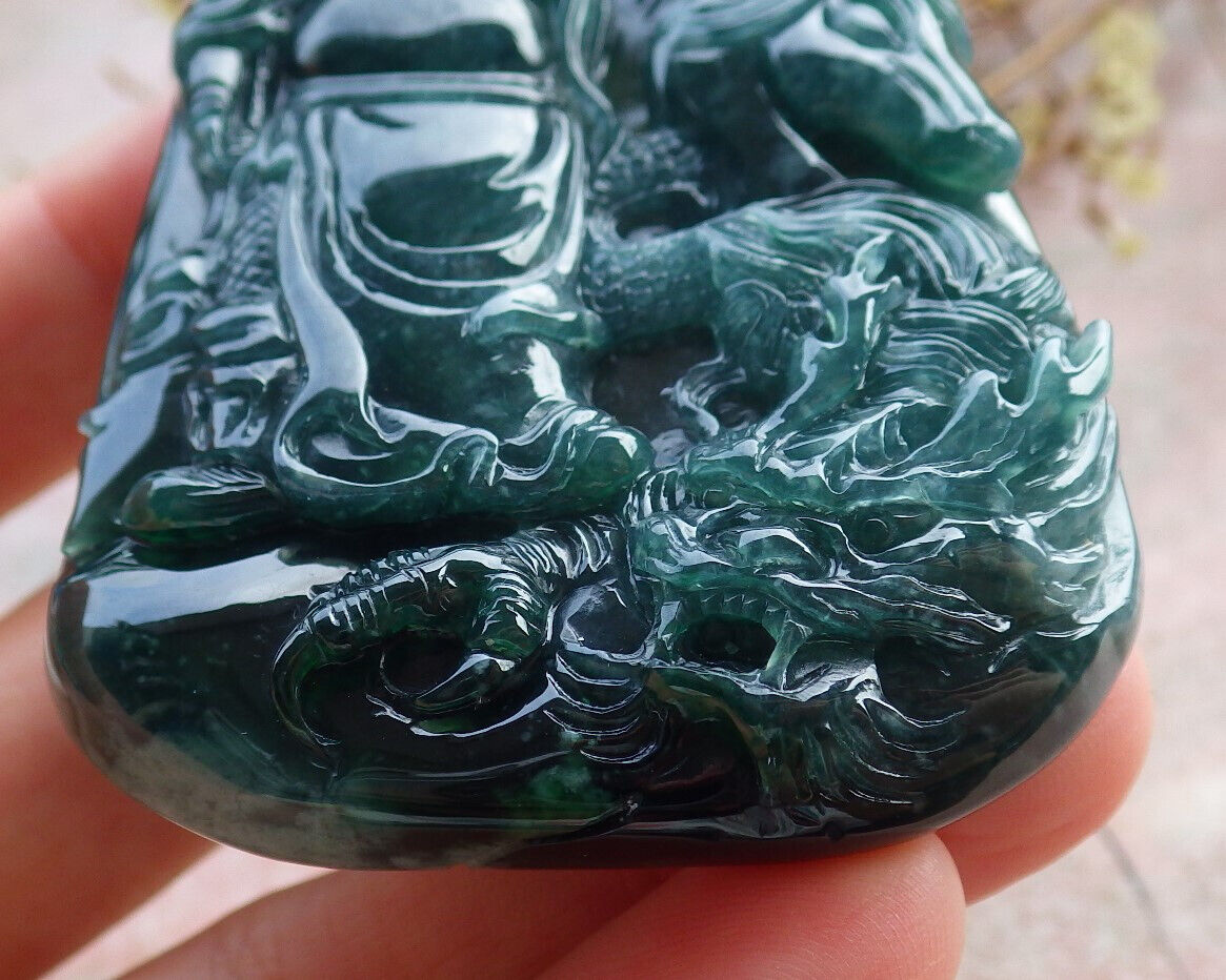 Certified Icy Green Burma 100% Natural A Jade jadeite pendant Guan Gong God Dragon Horse Sword Necklace 关公 635214  TN