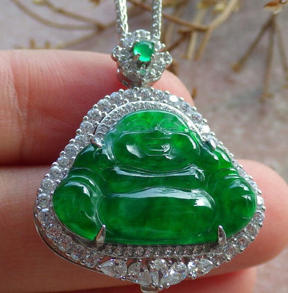 Icy Green Silver 925 Certified Burma 100% Natural A JADE Jadeite pendant Happy Buddha God Necklace 佛公 635186  TN
