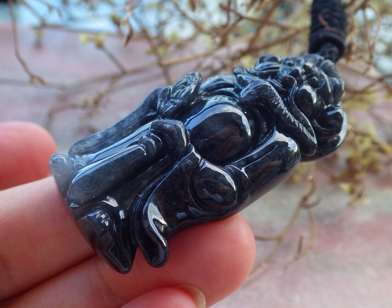 Certified Black Burma 100% Natural A Jade jadeite pendant Zhong Kui God Sword Fan Necklace 钟馗 633163  TN