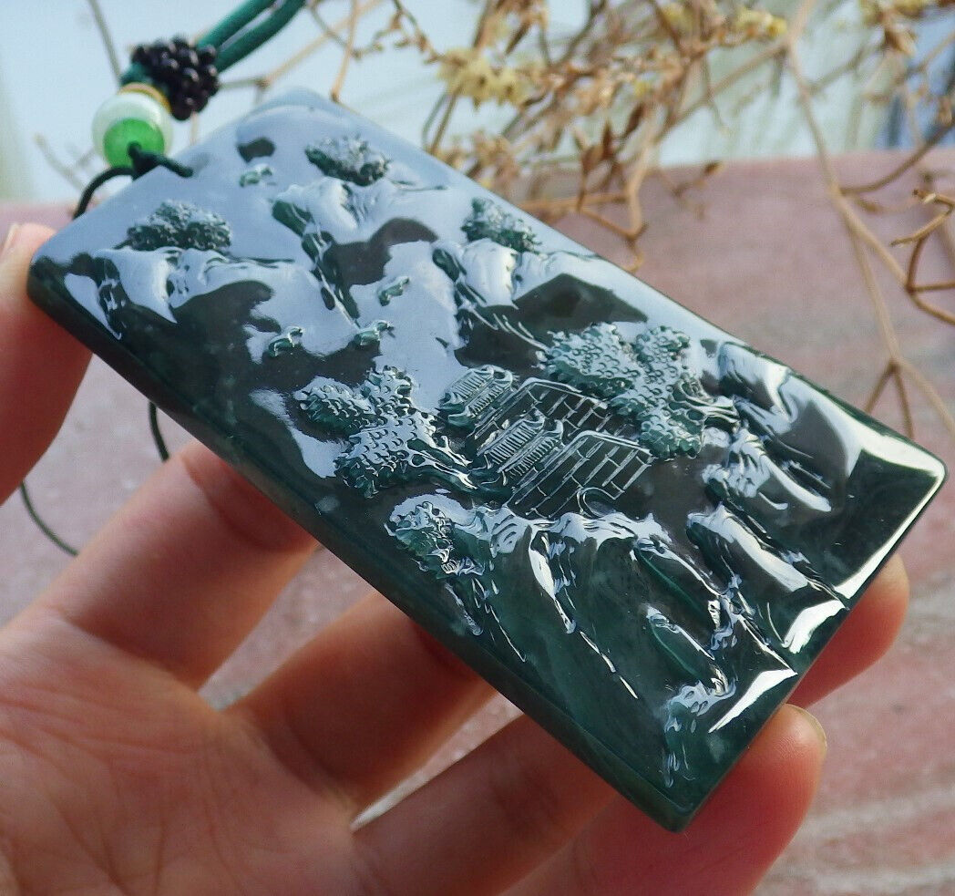 Certified Icy Blue Water Burma 100% Natural A Jade jadeite Pendant Landscape painting Tree Necklace 山水画 634260  TN