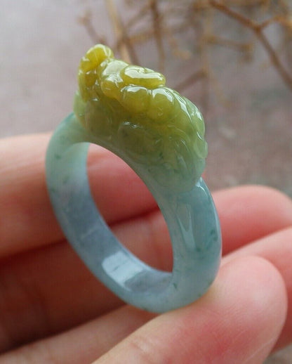 Certified Icy Yellow Green 100% Natural A JADE Jadeite Dragon Pi Xiu RING USA. 9.25 戒指 523559  TN
