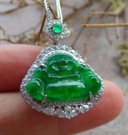 Icy Green Silver 925 Certified Burma 100% Natural A JADE Jadeite pendant Happy Buddha God Necklace 佛公 635238  TN