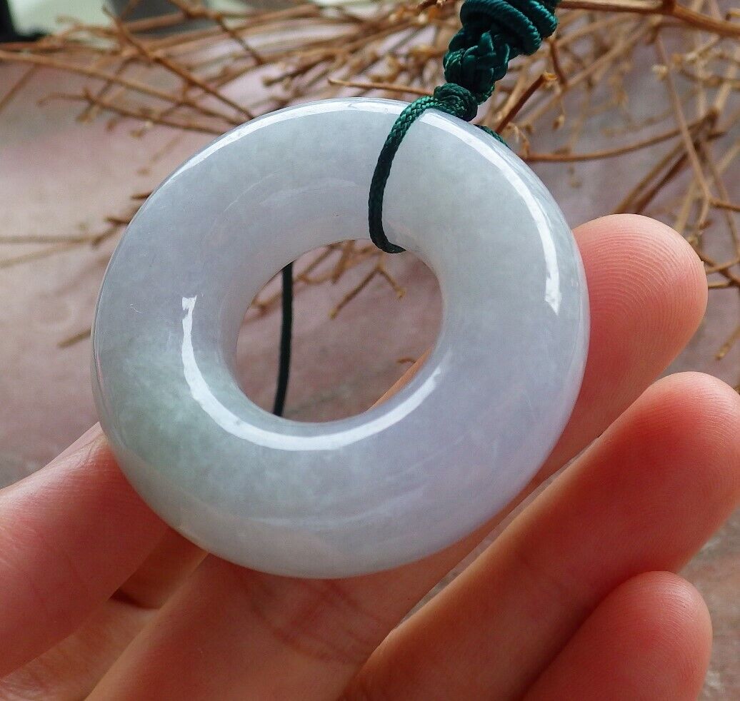 Certified Green Pale Lavender Burma 100% Natural A Jade jadeite Pendant Circle Donut Necklace 平安扣 525552  TN