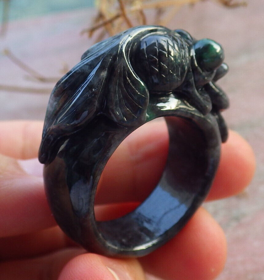 Certified Black Green Burma 100% Natural A JADE Jadeite Gold Fish RING USA. 12.5 戒指 634303  TN