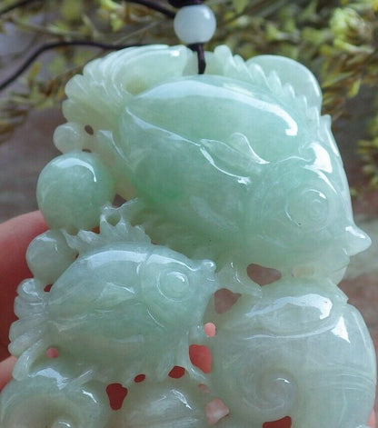 Certified Green Burma 100% Natural A Jade jadeite Pendant Fish Coin Ruyi Necklace 年年有余 574209 TN