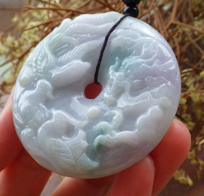 Certified Green Pale Lavender 100% Natural A Jade jadeite pendant Mandarin Duck Dragon Phoenix 5 Bat Necklace 龙凤524984   TN