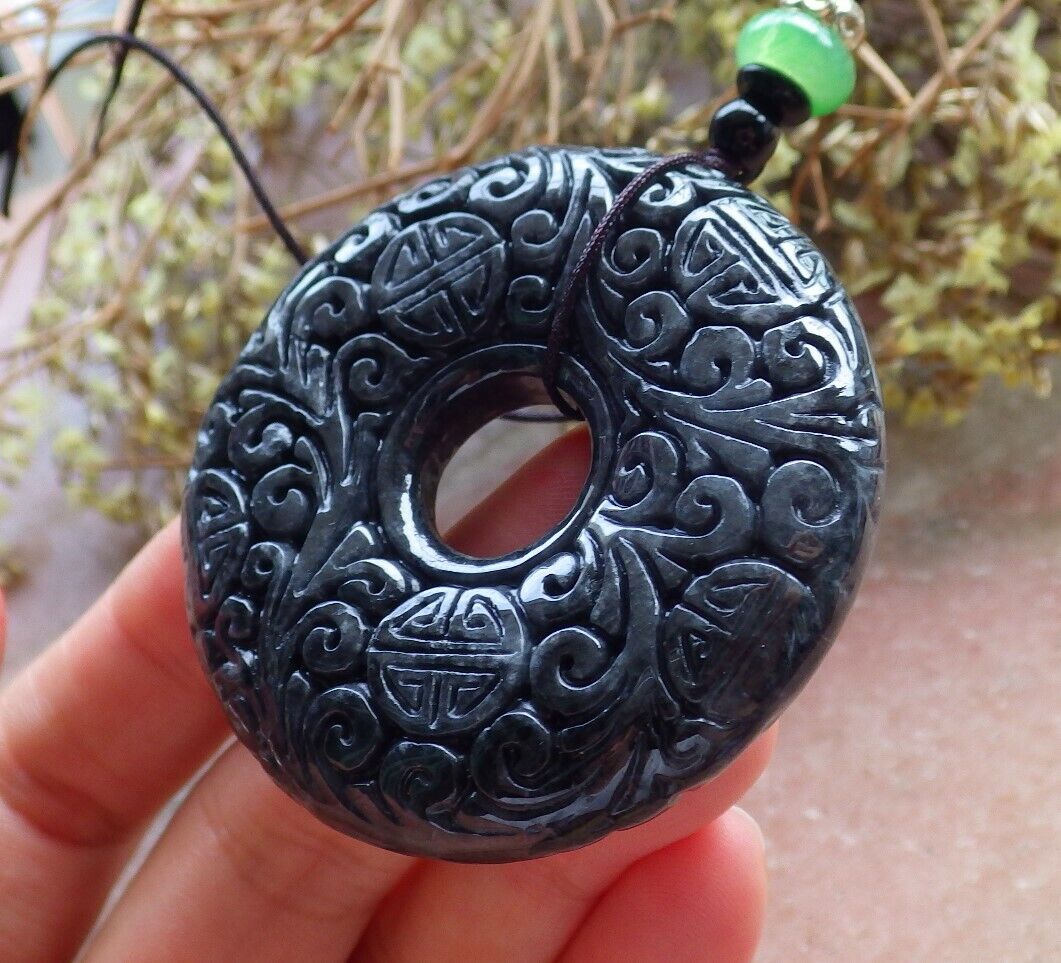 Certified Black 100% Natural A Jade jadeite pendant Longevity Lotus Flower Circle Necklace 花平安扣 523913  TN