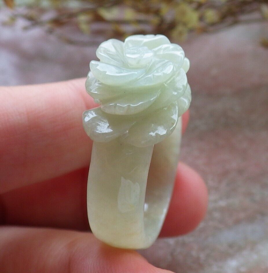 Certified Yellow Green Burma 100% Natural A JADE Jadeite Rose Flower RING USA. 11.5 花戒指 575208 TN