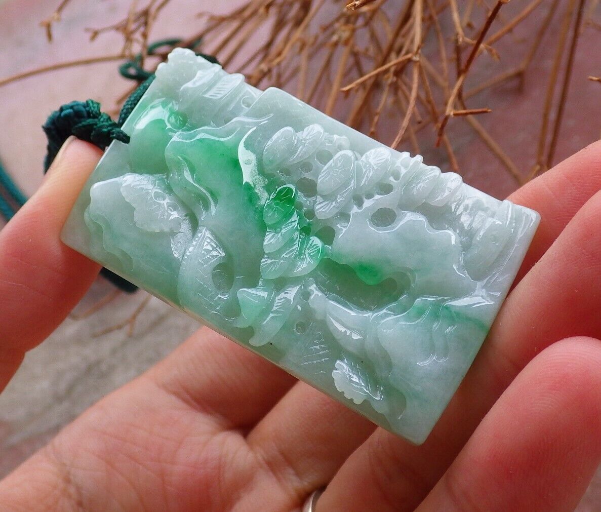 Certified Green Burma 100% Natural A Jade jadeite Landscape painting Tree Necklace Necklace 山水画 525505  TN