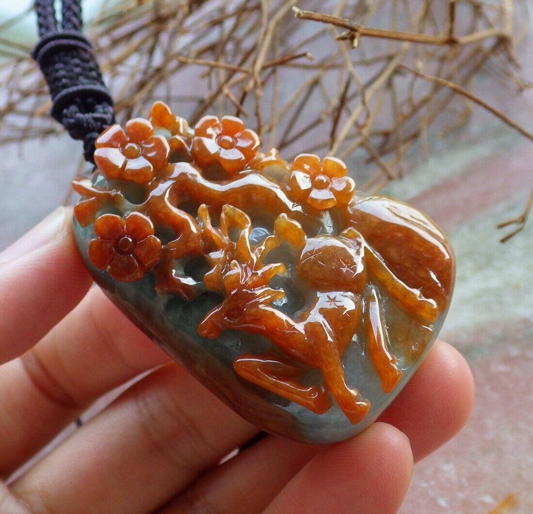 Certified Red Green 100% Natural A Jade jadeite Pendant Deer Flower Necklace 梅花鹿 529224  TN