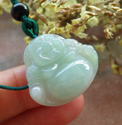 Certified Icy Green 100% Natural A Jade jadeite pendant Happy Buddha God Necklace 开心佛 524340  TN
