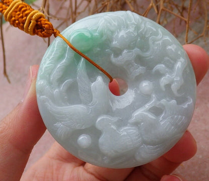 Certified Green 100% Natural A Jade jadeite pendant Mandarin Duck Dragon Phoenix 5 Bat Necklace 龙凤 519621  TN