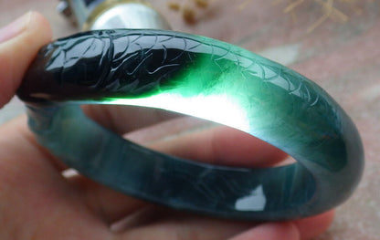 Certified Icy Green Burma 100% Natural A JADE Jadeite Fish Bangle Bracelet 60 mm 手镯 636582  TN