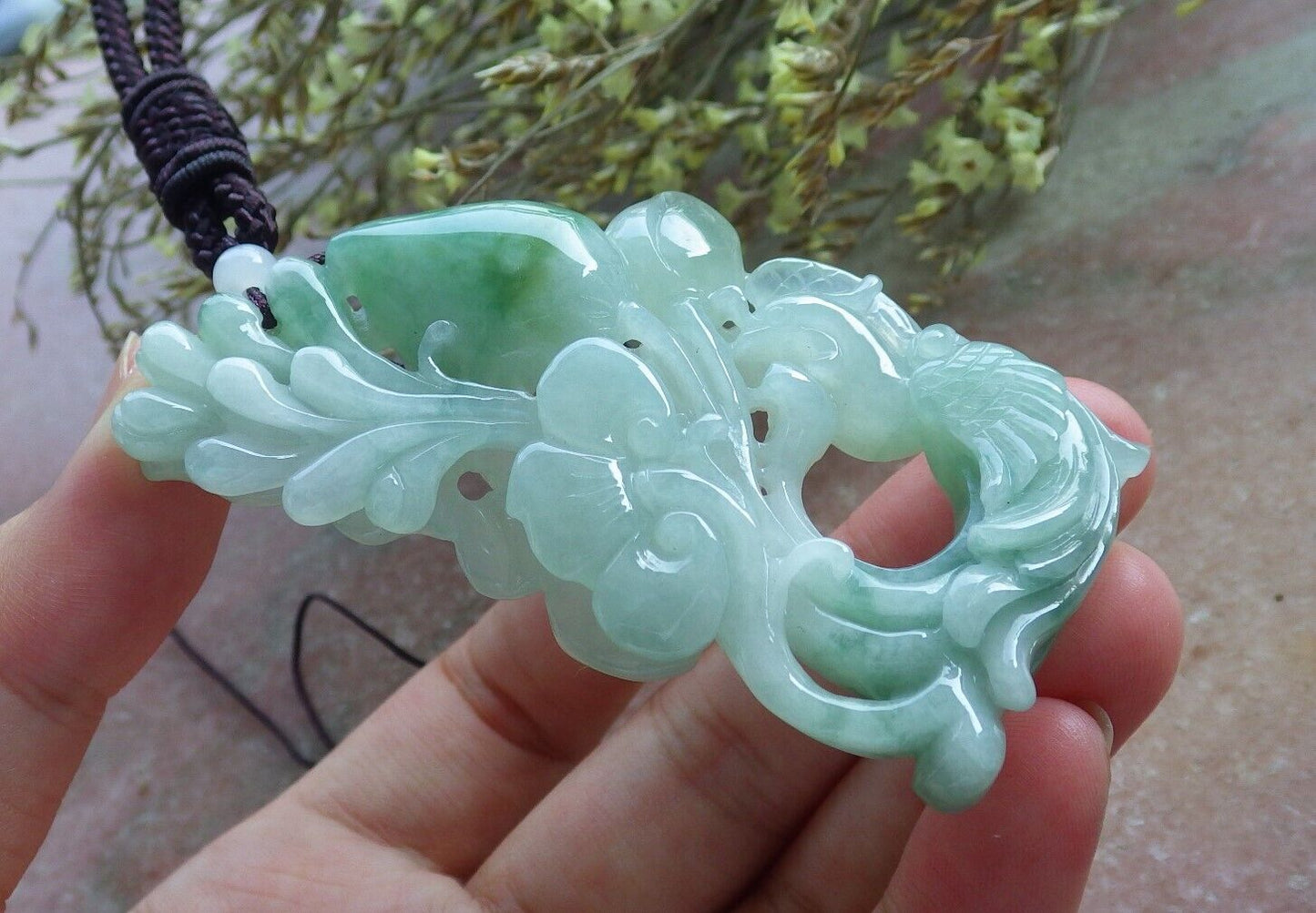 Certified Icy Green Burma 100% Natural A Jade jadeite Pendant Phoenix Peach Lotus Flower Ruyi Necklace 凤凰 574243 TN