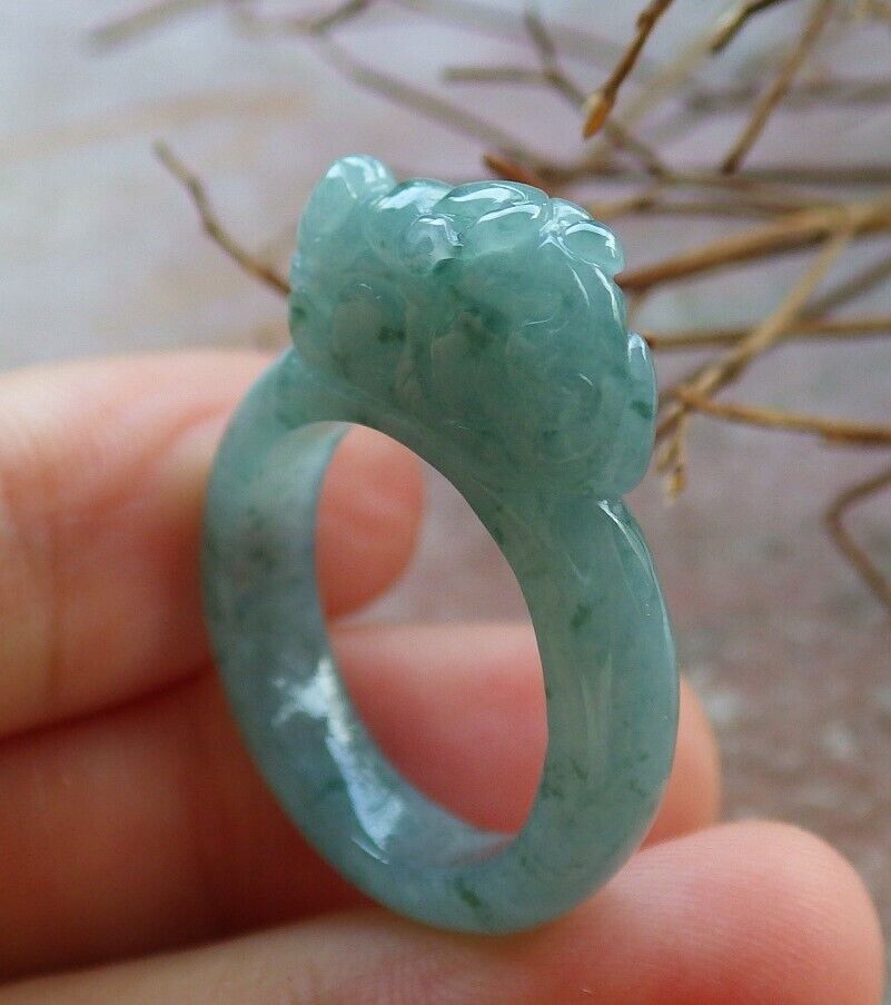 Certified Icy Green 100% Natural A JADE Jadeite Dragon Pi Xiu RING USA. 7.25 风水貔貅戒指 530069  TN