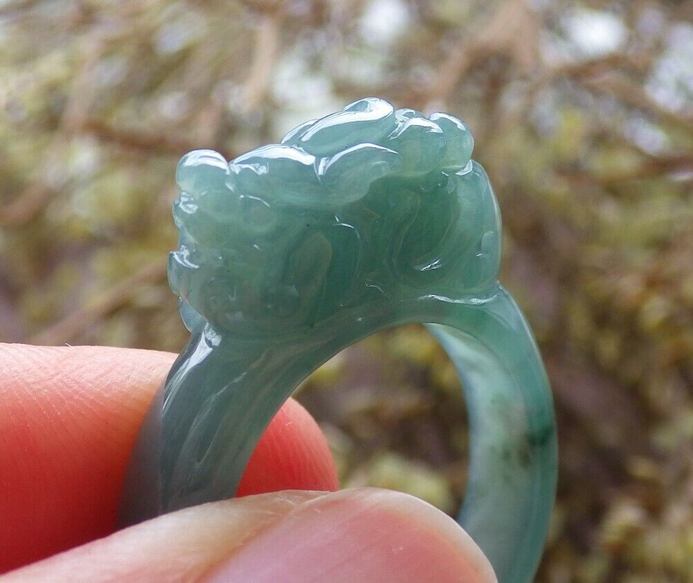 Certified Icy Green 100% Natural A JADE Jadeite Dragon Pi Xiu RING USA. 8.75 戒指 523786  TN