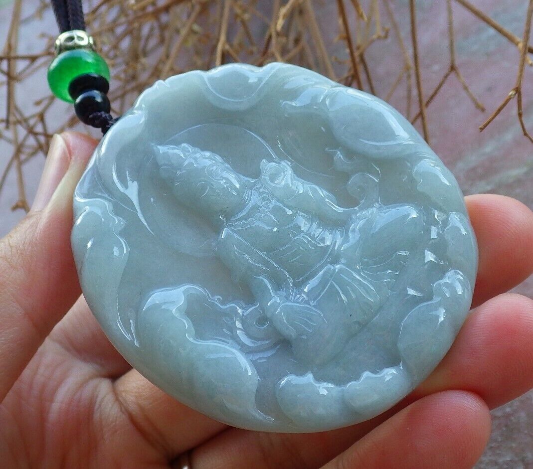 Certified Green Pale Lavender 100% Natural A Jade jadeite pendant Guanyin Kwan Yin Lotus Flower Necklace 观音 523691  TN