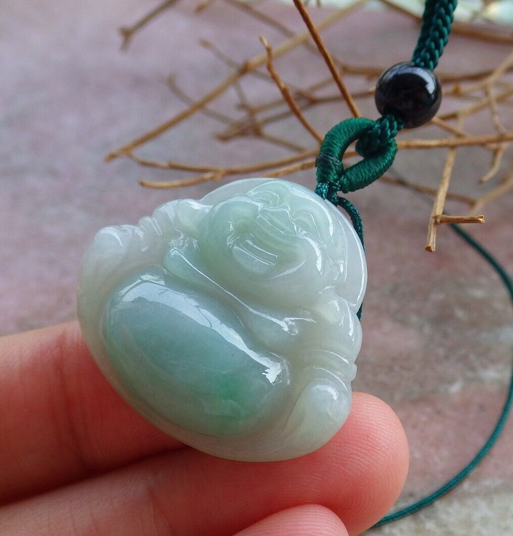 Certified Green 100% Natural A Jade jadeite pendant Happy Buddha God Necklace 开心佛 521028  TN