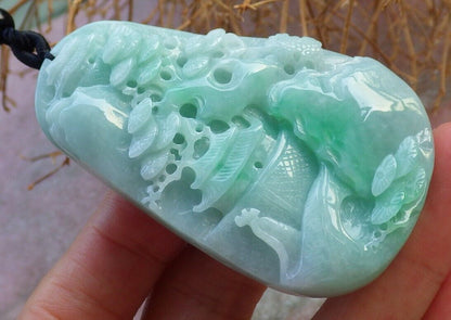 Certified Green 100% Natural A Jade jadeite Landscape painting Tree Necklace Necklace 山水画 519550  TN