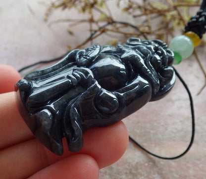 Certified Black Burma 100% Natural A Jade jadeite pendant Zhong Kui God Sword Fan Necklace 钟馗 633430  TN
