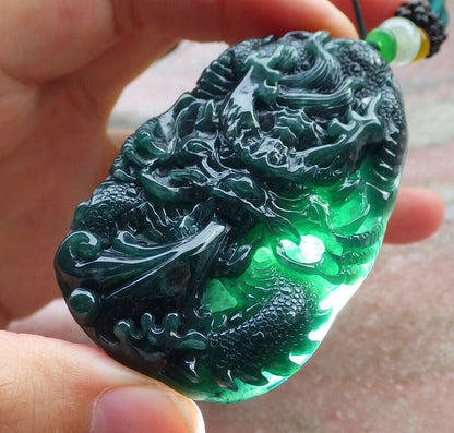Certified Icy Green Burma 100% Natural A Jade jadeite Pendant Dragon Ruyi Necklace 生意兴隆 636188  TN