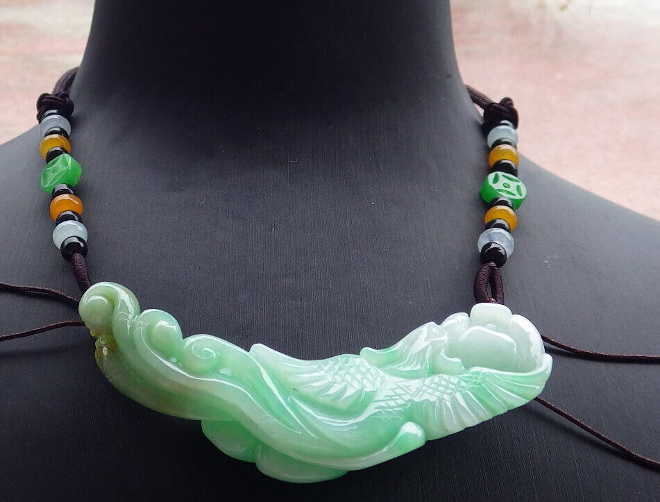 Certified Green Burma 100% Natural A Jade jadeite Pendant Phoenix Flower Ruyi Necklace 凤凰 636603  TN