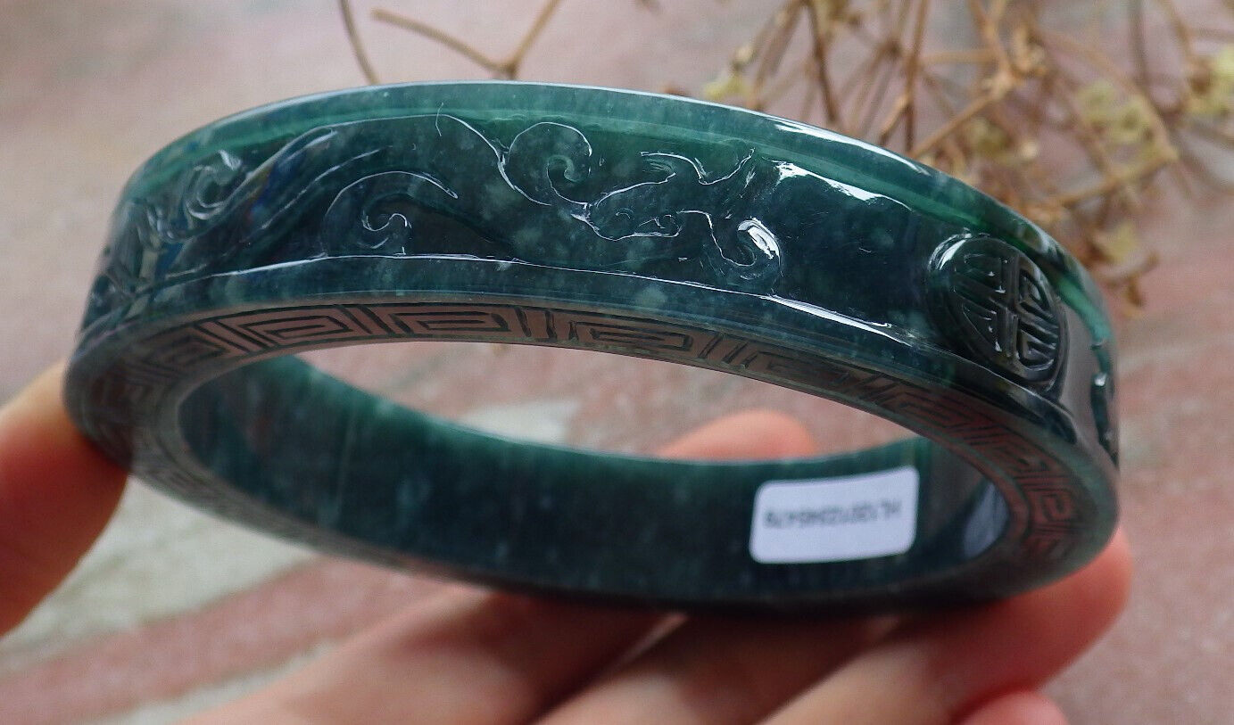 Certified Icy Green Burma 100% Natural A JADE Jadeite Dragon Phoenix Longevity Bangle Bracelet 67 mm 手镯 634443  TN