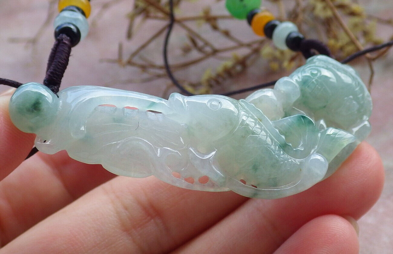 Certified Icy Green Burma 100% Natural A Jade jadeite Pendant Fish Lotus Leaf Necklace 年年有余 632943  TN