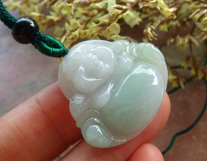 Certified Icy Green 100% Natural A Jade jadeite pendant Happy Buddha God Necklace 开心佛 524346  TN