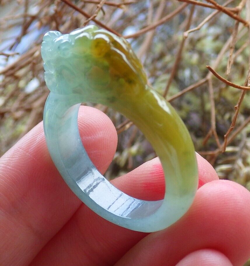 Certified Icy Yellow Green 100% Natural A JADE Jadeite Dragon Pi Xiu RING USA. 9 戒指 523815  TN