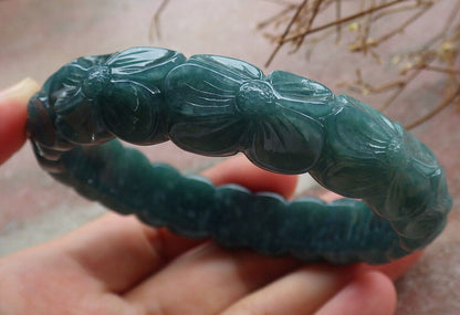 Certified Icy Green Burma 100% Natural A JADE Jadeite Flower Bangle Bracelet 60 mm 635415  AS