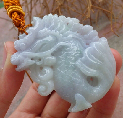 Certified Green Pale Lavender 100% Natural A Jade jadeite Pendant Dragon Fish Bead Money Coin Necklace 龙鱼 520364  TN