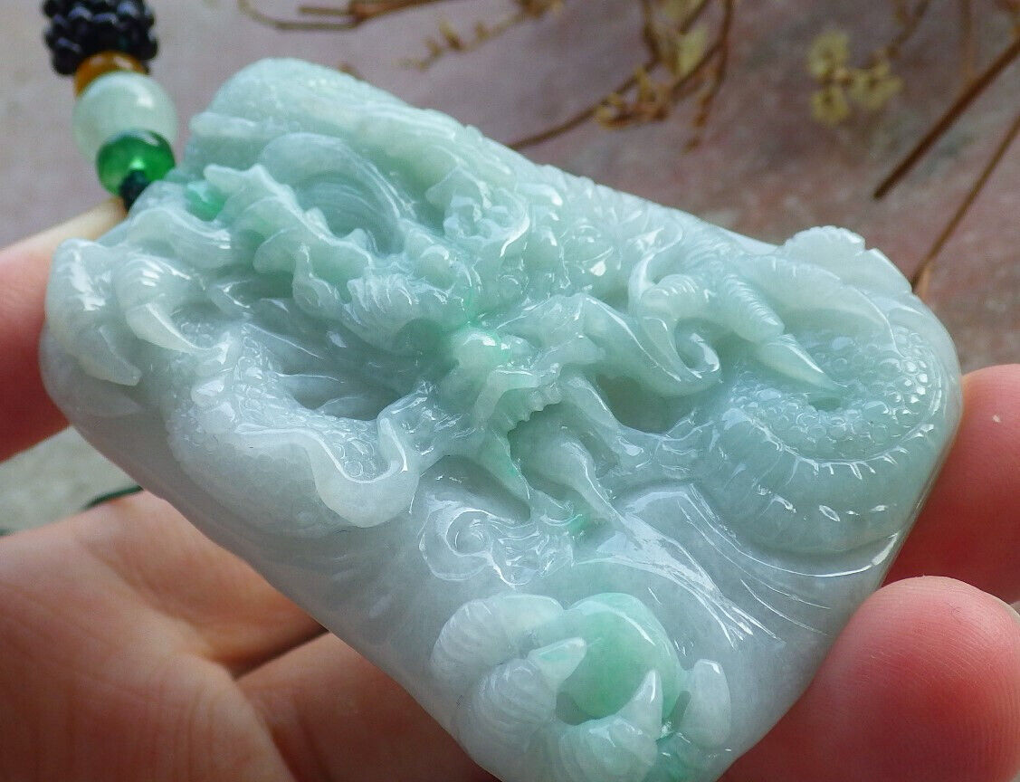 Certified Green Burma 100% Natural A Jade jadeite Pendant Dragon Bead Necklace 生意兴隆 633799  TN