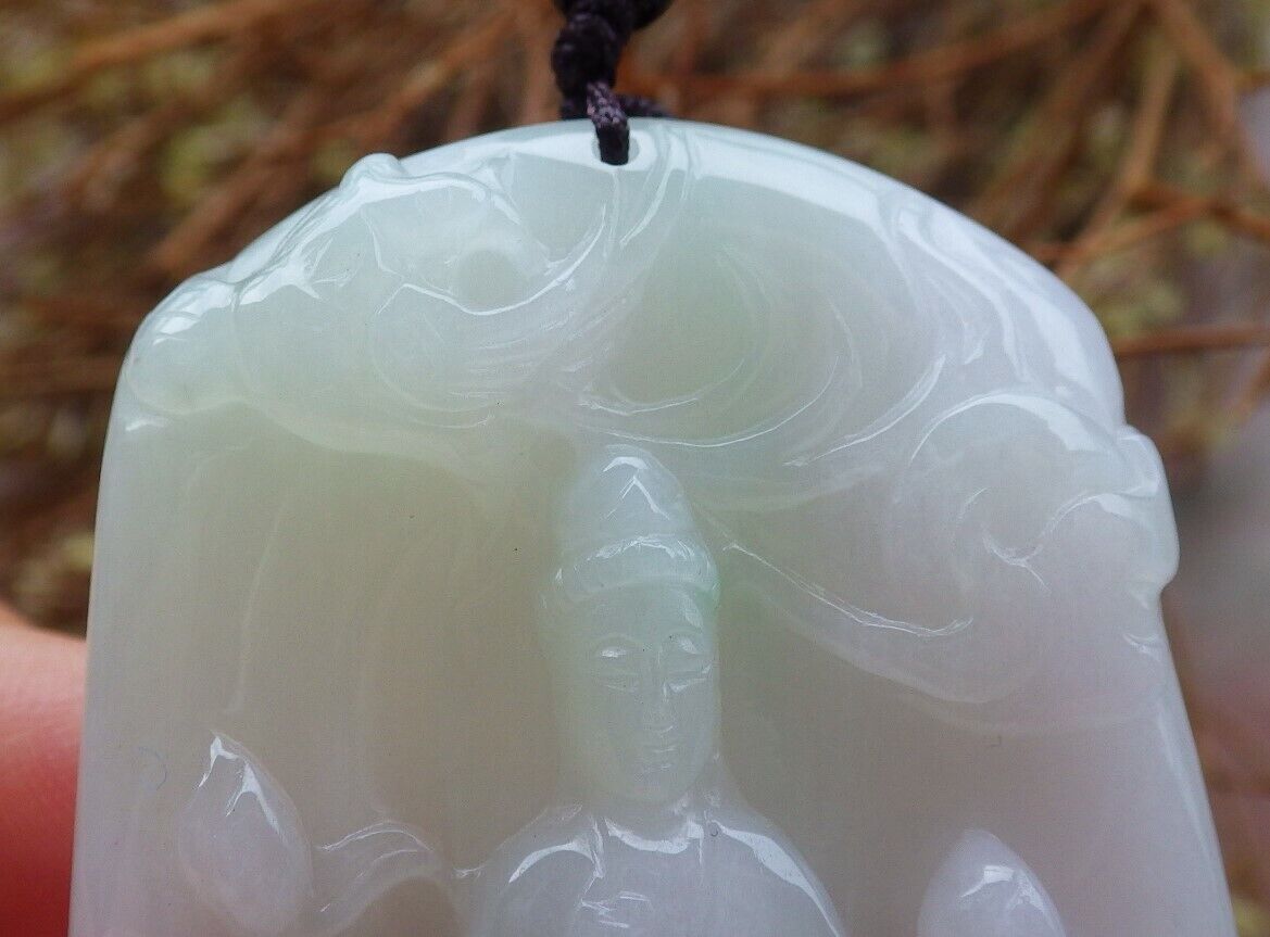 Certified Green Pale Lavender 100% Natural A Jade jadeite Pendant Guanyin Kwan Yin Phoenix Lotus Flower Necklace 观音 525022  TN