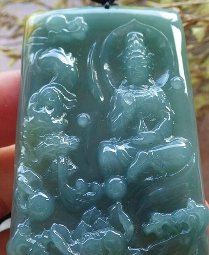 Certified Icy Green Yellow Burma 100% Natural A Jade jadeite Pendant Guanyin Kwan Yin Dragon Lotus Flower Necklace 观音 574801 TN