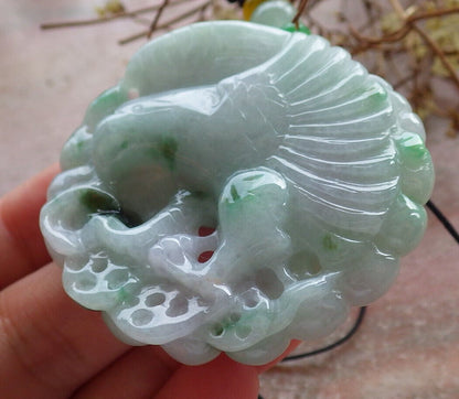 Certified Green Burma 100% Natural A Jade jadeite Pendant Eagle Snake Coin Necklace 大展宏图 633423  TN
