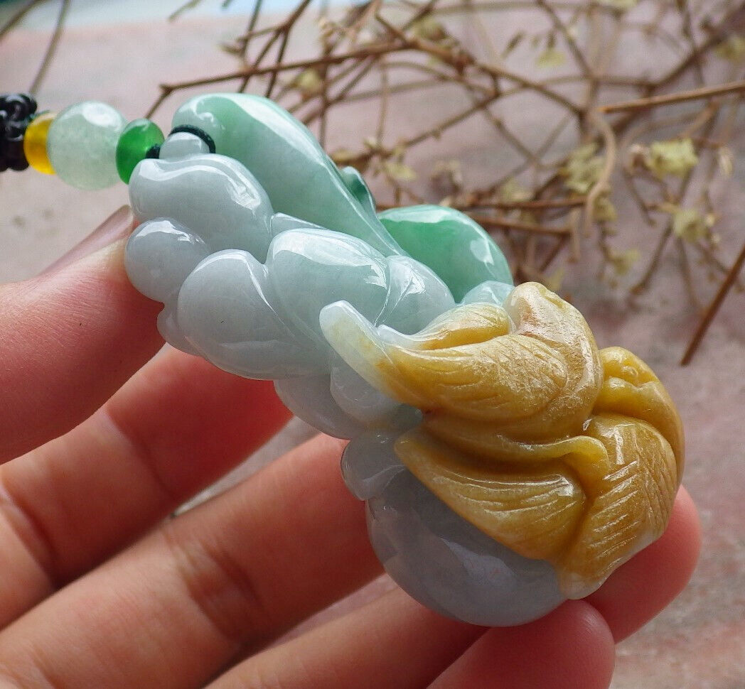 Certified Yellow Green Burma 100% Natural A Jade jadeite Pendant Phoenix Bird Ruyi Gourd Necklace 634419  TN