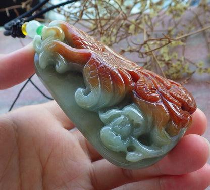 Certified Red Green Burma 100% Natural A Jade jadeite Pendant Phoenix Flower Necklace 凤凰 633050  TN