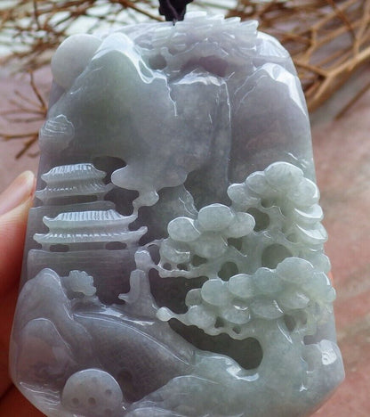 Certified Lavender Green Burma 100% Natural A Jade jadeite Landscape painting Tree Necklace 山水画 525690  TN
