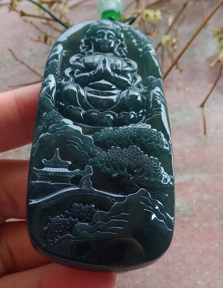 Atestita Glacia Blua Akvo Birmo 100% Natura A Jadejadeito Pengante Pejzaĝa pentraĵo Guanyin Kwan Yin Arba Koliero 山水画 634395 TN