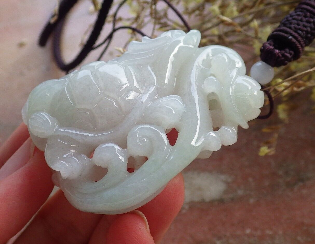 Certified Icy Green Pale Lavender Burma 100% Natural A Jade jadeite Pendant Dragon Turtle Ruyi Coin Necklace 龙龟 574488 TN