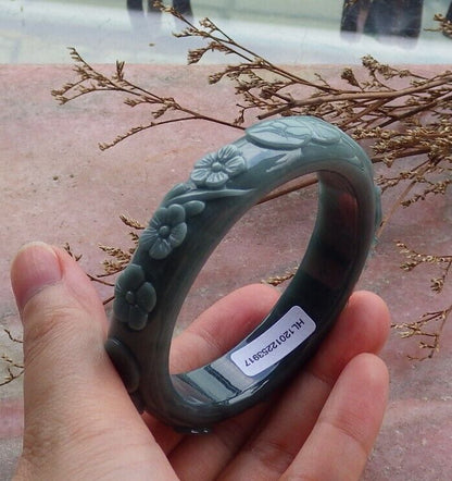 Certified Green Burma 100% Natural A JADE Jadeite Deer Lotus Flower Ruyi Coin Bangle Bracelet 56 mm 手镯 563759  TN